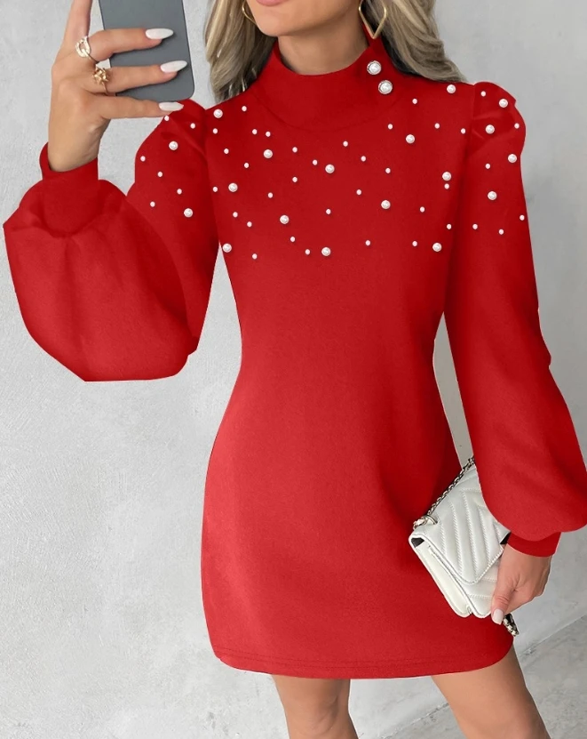 New High-End Mini Skirt Fashionable and Casual Hot Selling Pearl Studded Lantern Sleeve Half High Collar Long Sleeved Dress