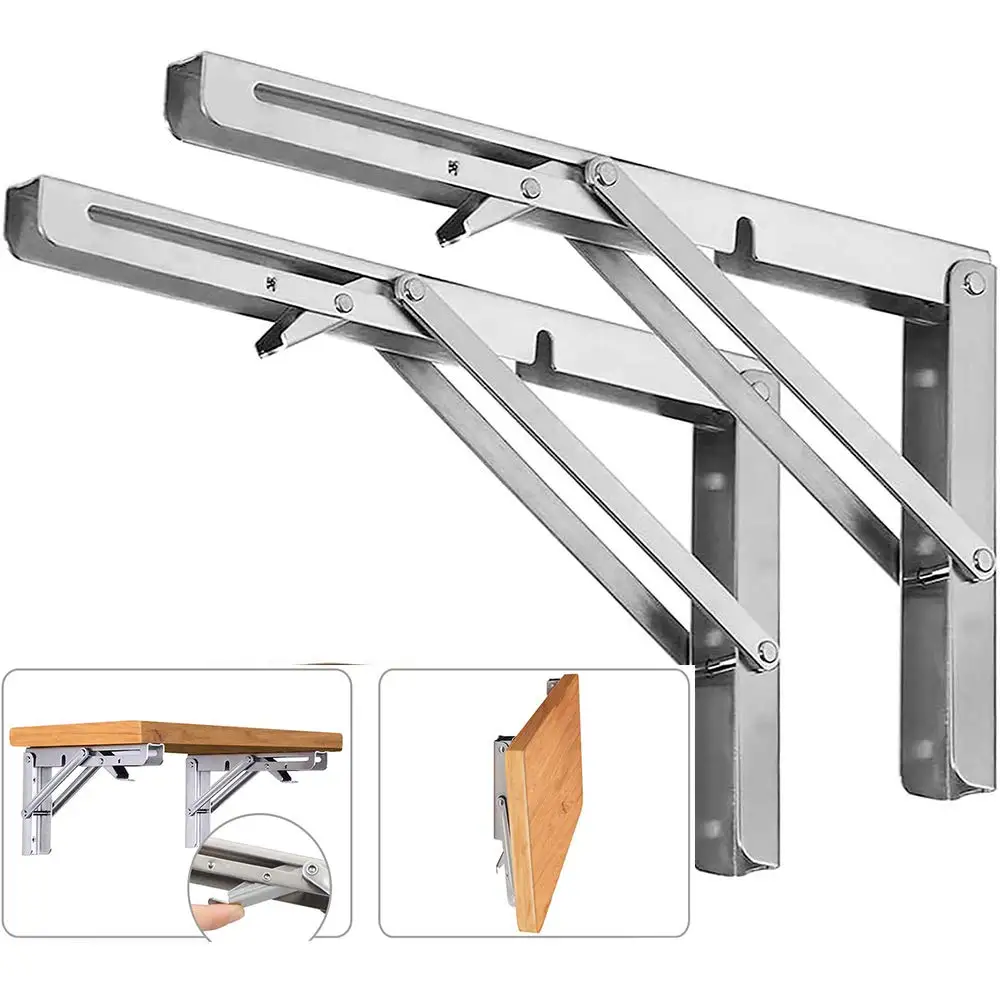 

Pack of 2 Folding Shelf Brackets Heavy Duty Stainless Steel Collapsible Wall Mounted Shelf Space Saving DIY Bracket