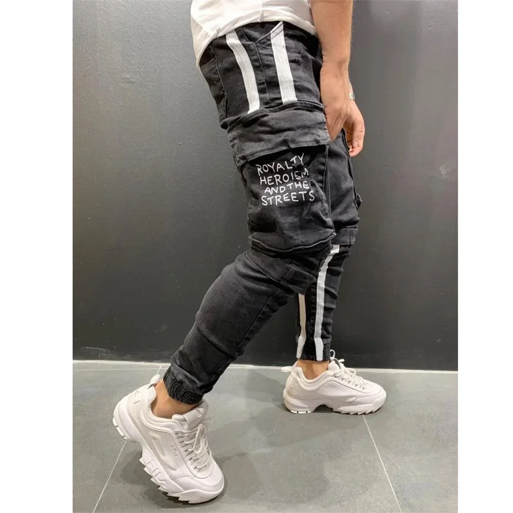 Nowe męskie jeansy streetwearowe z elastanem, casualowe męskie spodnie wysokiej klasy w jednolitym kolorze, dopasowane, obcisłe, modne spodnie sportowe do joggingu, spodnie Harajuku.