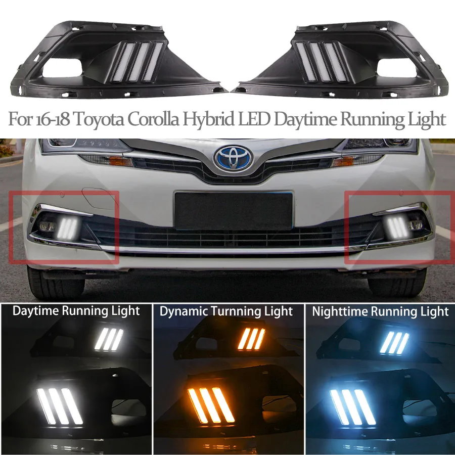

2 PCS For Toyota Corolla 2016-2018 Hybrid LED DRL Daytime Running Lights - Fog Lamp Hole Yellow Turn Signal Blue Night Light
