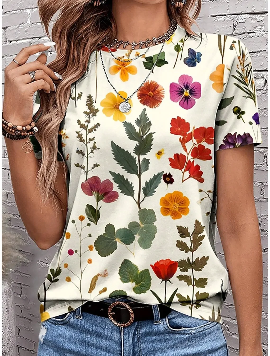

Женская футболка с цветочным рисунком и растениями, винтажная стильная классическая футболка с коротким рукавом и круглым вырезом, обычные топы, одежда для отпуска, летняя одежда с принтом