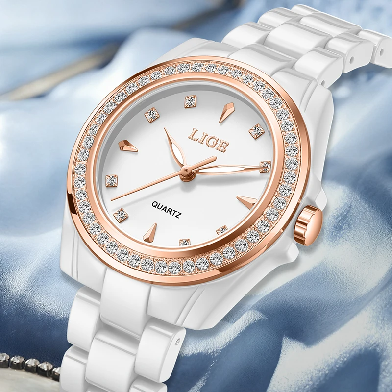 

LIGE New Original Diamond Dial Quartz Watch for Women Fashion Elegant Ceramic Ladies Watches Ceramic Strap Waterproof Wristwatch