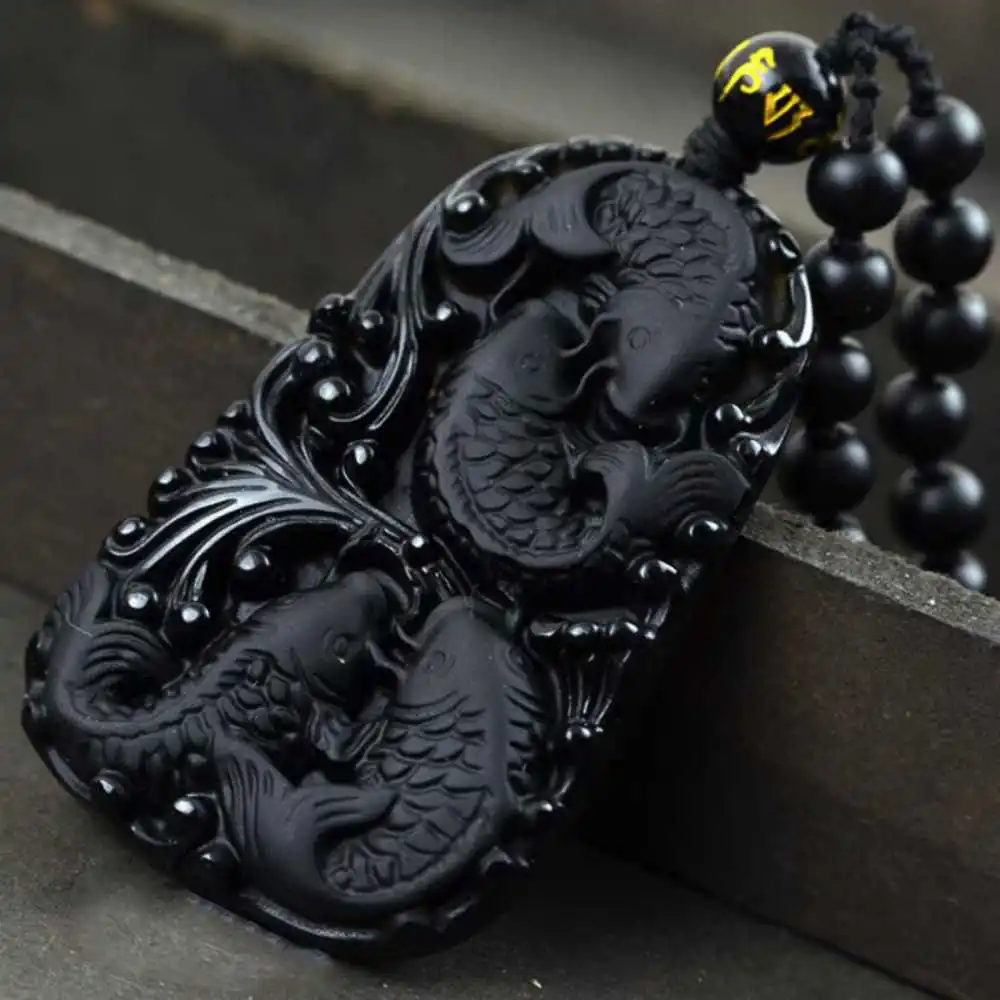 

Natural Obsidian Carved Fish Lucky Amulet Pendant Wholesale Men Crystal Chakra Jewelry Jewellery Gifts Wedding Tibetan Gemstone