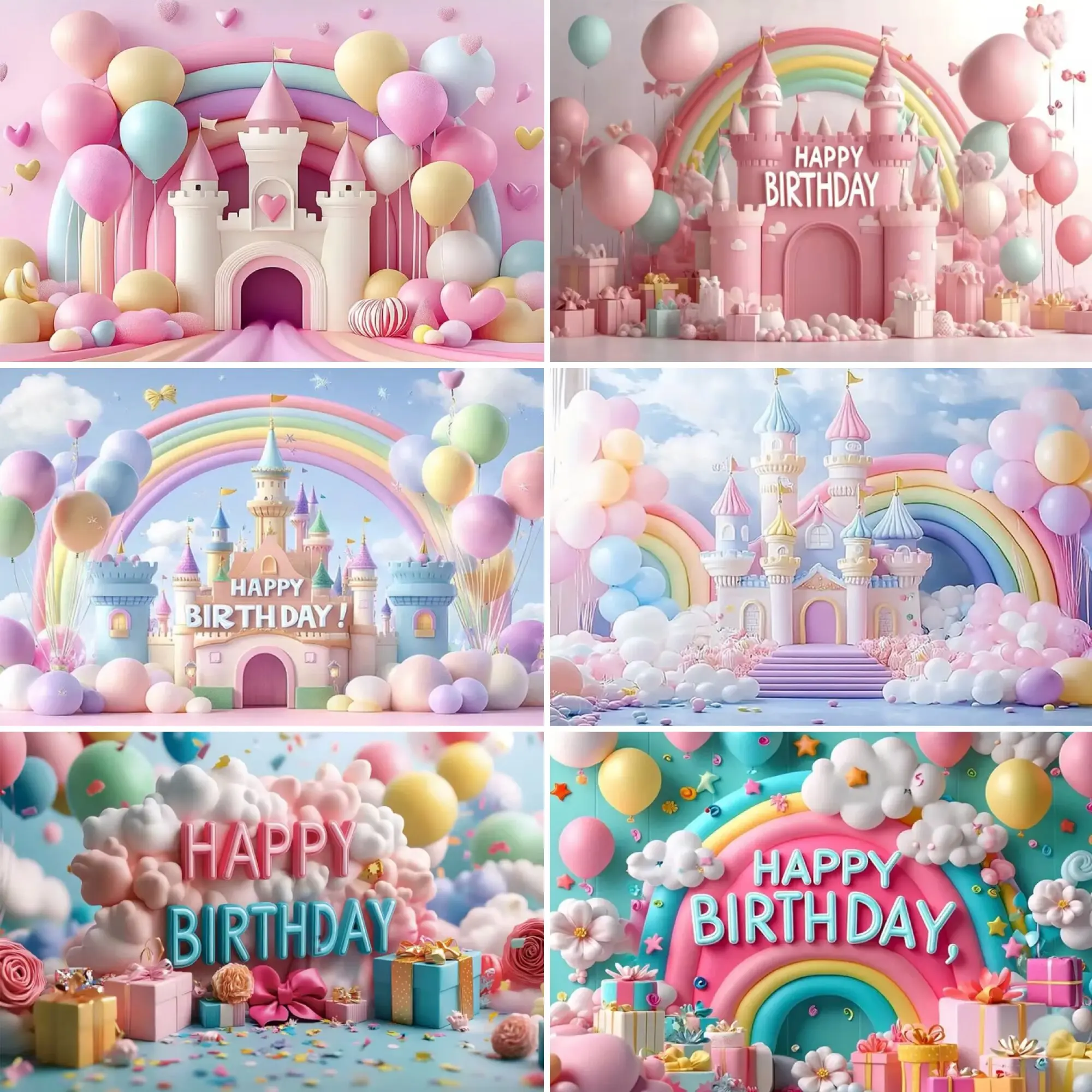 Colorful Happy Birthday Theme Background Banner Balloon and Rainbow Castle Party Background Decoration Kids Gift Props