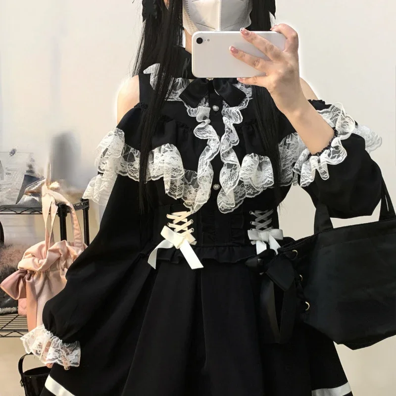 

Японская кружевная лоскутная рубашка Kawaii, женская эстетичная ажурная блузка Y2k, женские топы с бантом в стиле Харадзюку, 2024, Blusas Lolita Femme