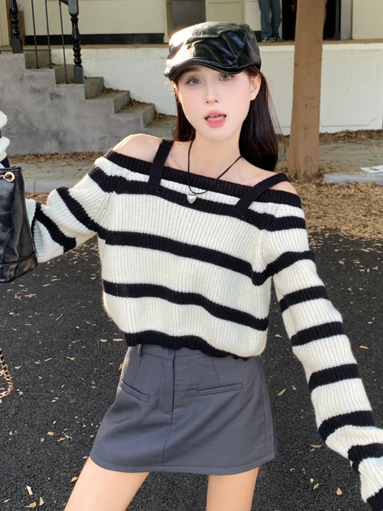 Panelled Sweaters Women Striped Loose Spliced Y2K Japanese Style Harajuku Cropped Aesthetic Youthful Vitality Popular Spice Girl