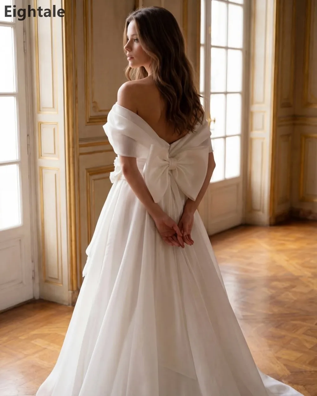 Eightale 2026 Ivory Ball Gown Bridal Gown Off-the-Shoulder Ruched Bodice Organza Wedding Dress with Chapel Train Customized