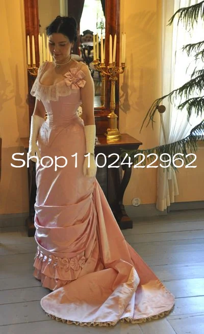 Vintage Pink Form Ball Gown Prom Dresses Lace Stain Victorian Society Historical Halloween Masquerade evening gowns customsized