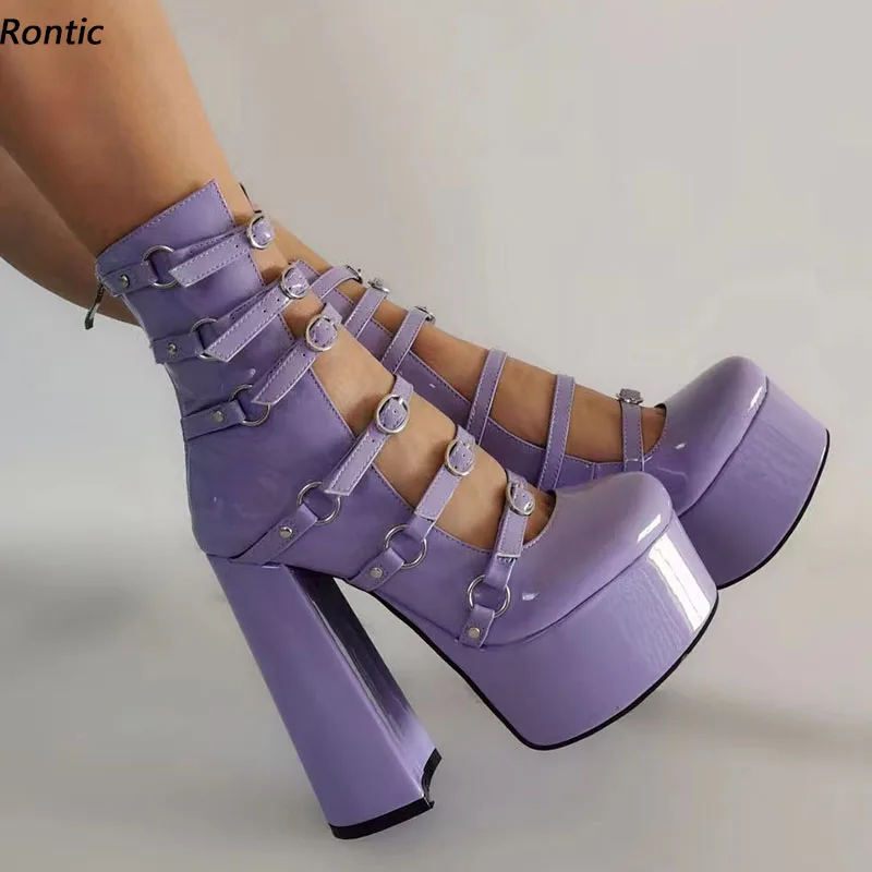 Rontic Real Photos Women Spring Pumps Platform Patent Block Heels Round Toe Beautiful Violet Red Pink Party Shoes US Size 5-15