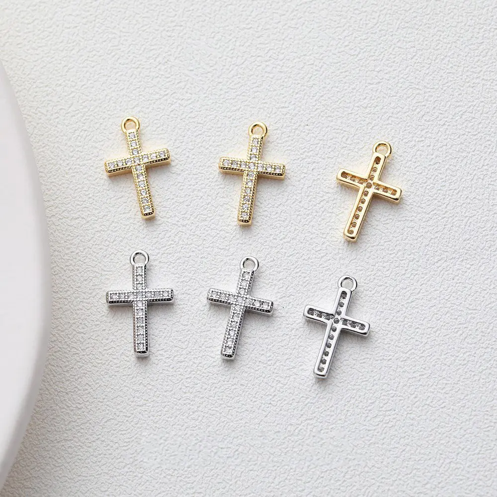 4PCS Dainty Cross Minimalist Pendant Cubic Zirconia Charms for Jewelry Making Necklace DIY Brass 14k Gold Plated 10*16.5mm
