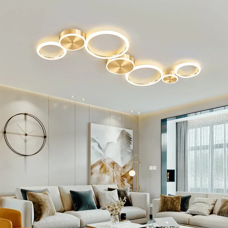 Moderne Led Plafondlamp Kroonluchter Voor Woonkamer Eetkamer Slaapkamer Hal Cirkel Ringen Gouden Interieur Aluminium Verlichtingsarmatuur