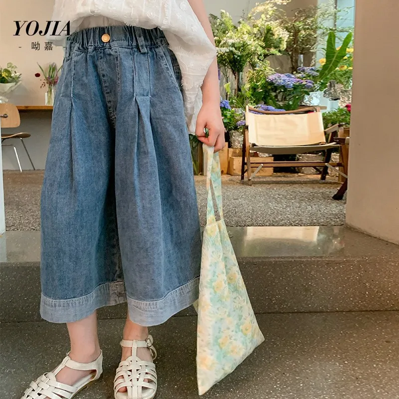 

Girls Pants Summer Jean Pant 2024 New Korean Style Girls Fashion Solid Jean Blue Pant Baby Girl Fashion Soft Jeans Long Pants