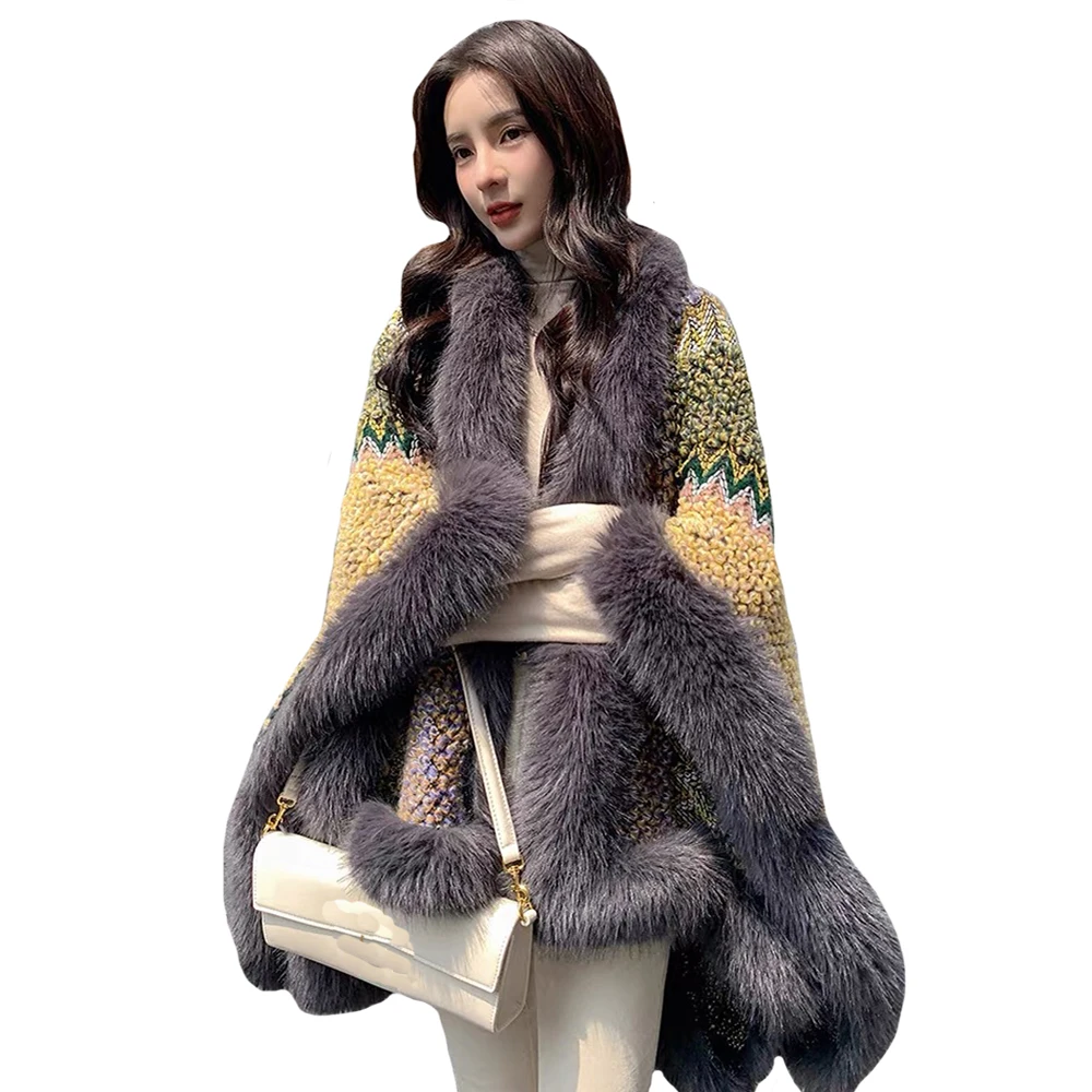 Winter Warm Coat Shawl Faux Fur Coat Women Outerwear Faux Fox Fur Long Cape Wraps Furry Fluffy Luxury Fur Trim Cloak Loose Coat