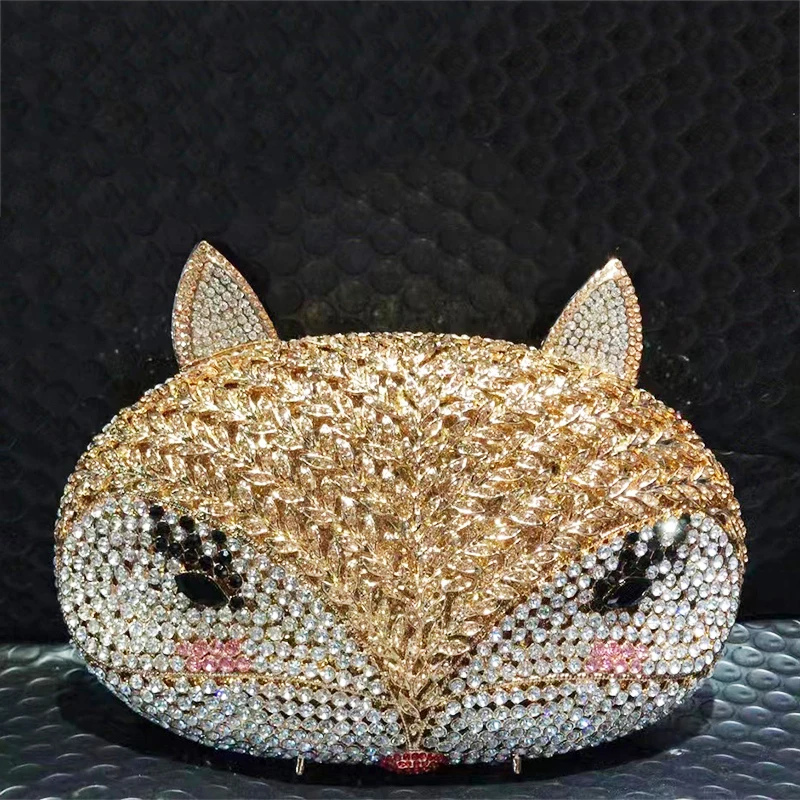 WHTUOHENG Luxury Fox Head Rhinestone Evenin Clutches Party Prom Lady Handbags Diamond Banquet Dinner Purses Girls Crystal Bags