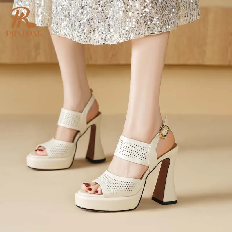 PRXDONG New Classics Genuine Leather Summer Shoes Woman Sandals High Heels Platform Black Beige White Dress Party Lady Pumps 39