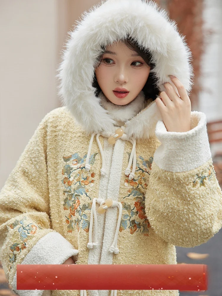 

Женский комплект Hanfu: пальто и брюки в китайском стиле, молочно-желтый цвет, для повседневной носки, осень-зима