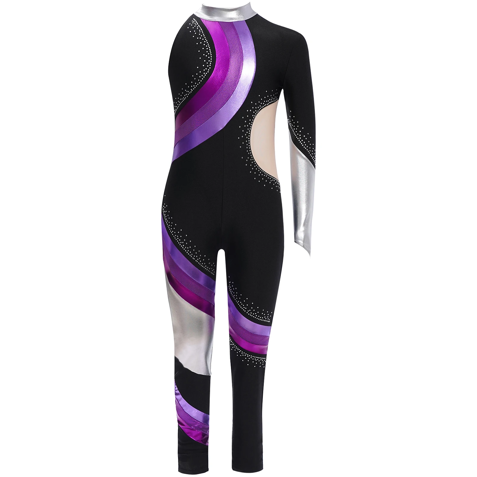 

Kids Girls Rhythmic Gymnastics Jumpsuit Shiny Rhinestones Color Block Asymmetrical Full Length Leotard Bodysuit Ballet Costumes