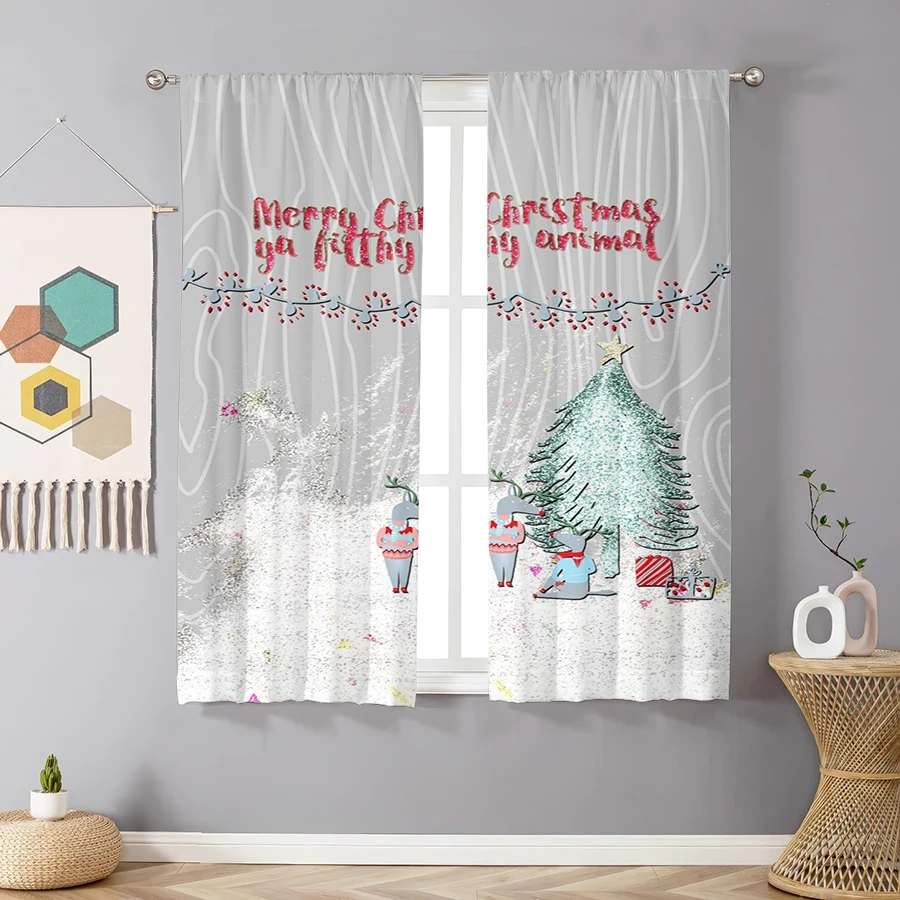 2PCS Digital Print Curtains, Minimalist Doodle Merry Christmas Lights Reindeer Tree Gray Background, Modern Simple Style - Chris