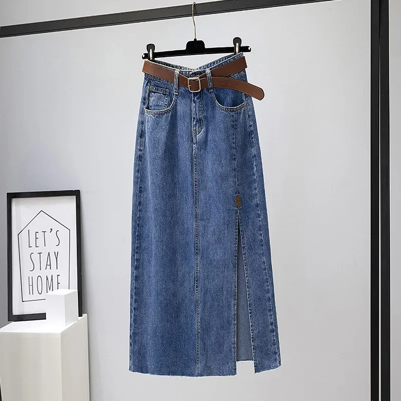 Embroidered High-Waisted Denim Skirt For Women Medium-Length 2023 Autumn New Slimming Side Slit Hip Covering A- Line Skirt Trend