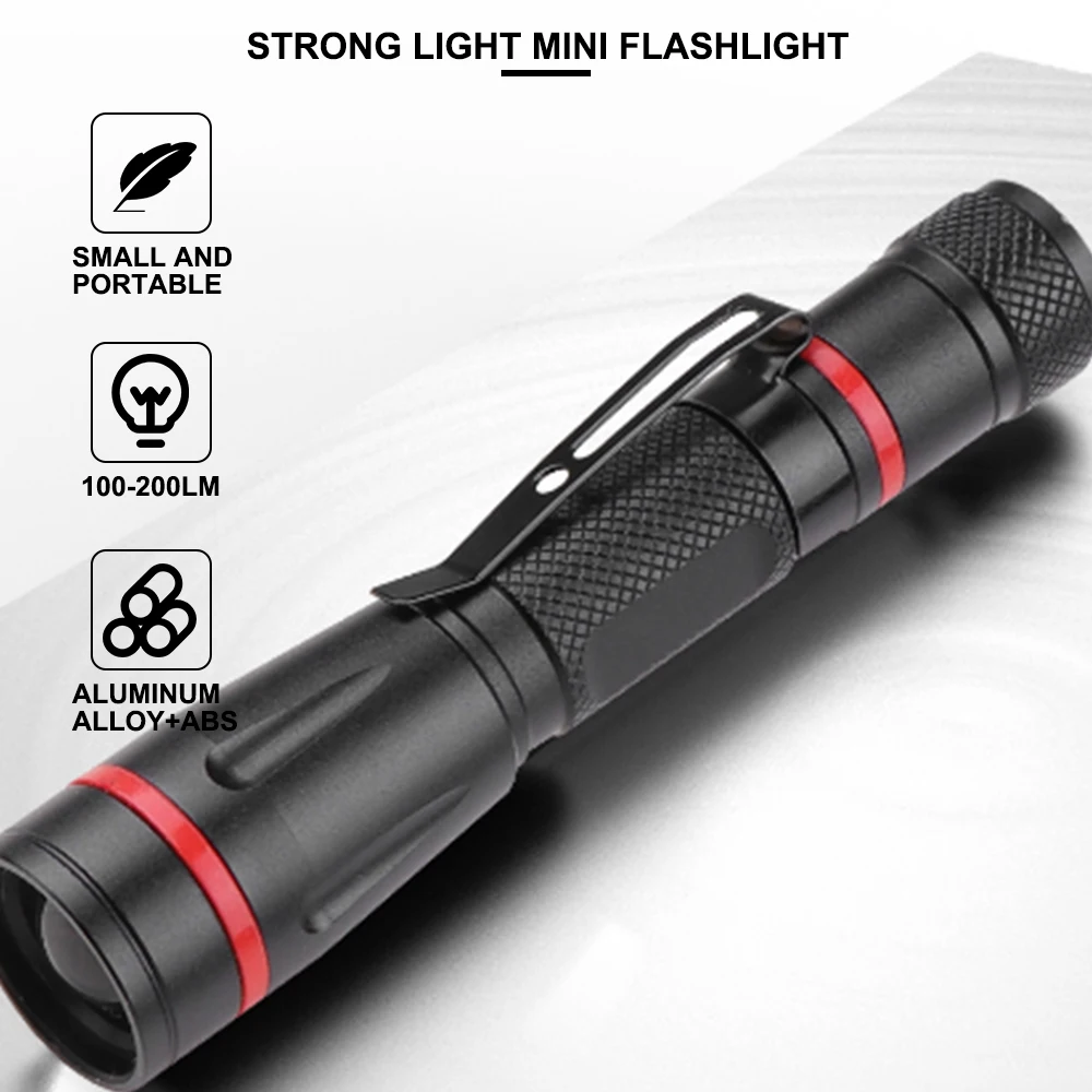 Sobaldr Led Flashlight EDC Torch Light Black Outdoor Lights Mini Keychain Telescopic Zoom Pocket Powerful Cap Alloy ABS Clip Pen