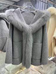 2024 Fashion Winter Women Cashmere Wool Woolen Jacket Real Natural Fox Fur Collar Coat Ladies Luxury Outwear Female Coat