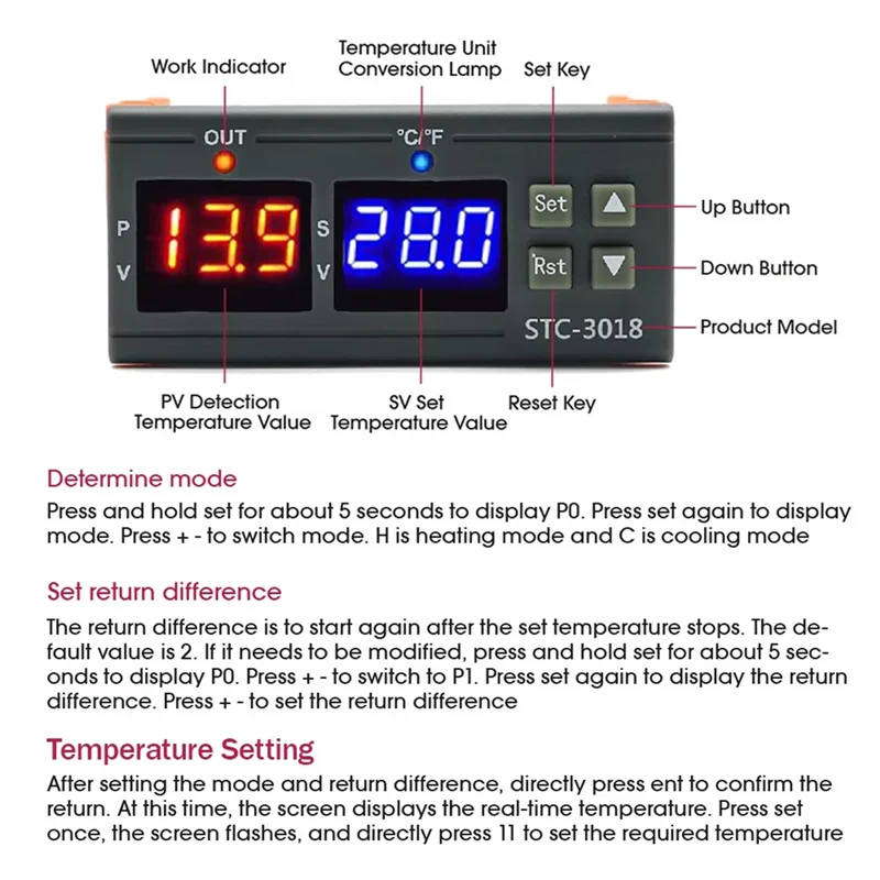 A13E-STC-3018 Dual Digital Temperature Controller Two Relay Output Thermoregulator Thermostat With Heater Cooler