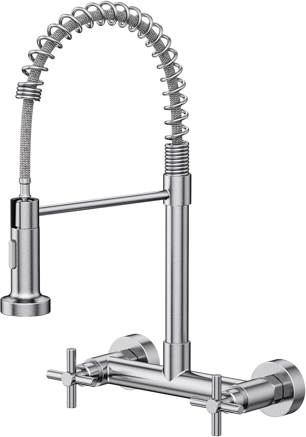 

Wall Mount Kitchen Faucet, Brushed Nickel, 8' 2-Handle with Pull Down Sprayer for Kitchen & Laundry
