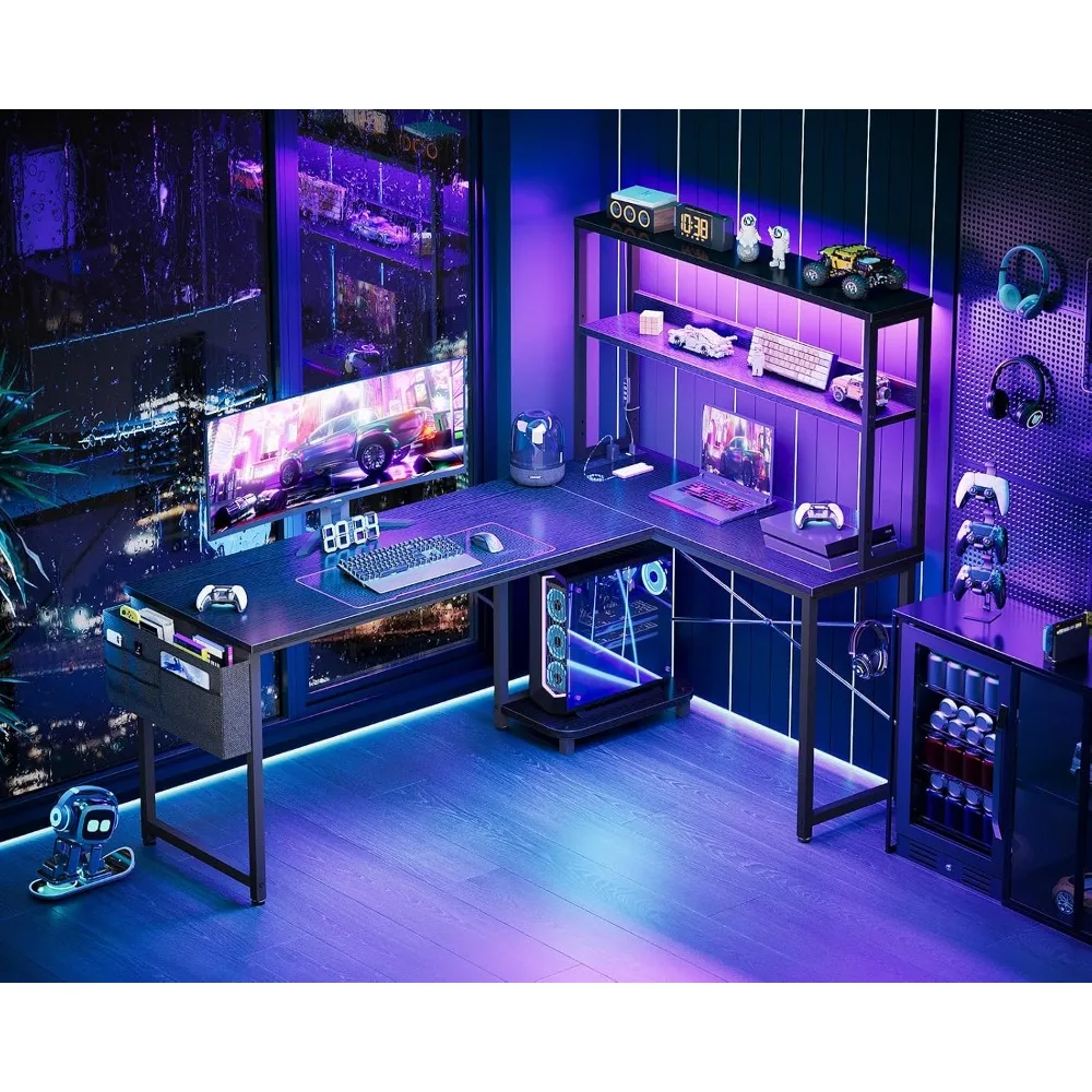 L Shaped Gaming Desk with LED Light & Power Outlet, Home Office Corner Computer Desk