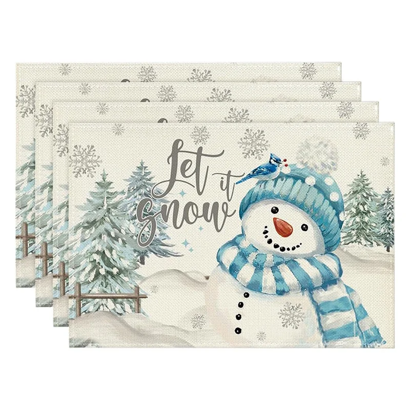 

TKOH-4PCS Xmas Trees Snow Pink Christmas Placemats Winter Table Mats For Kitchen Dining Decoration