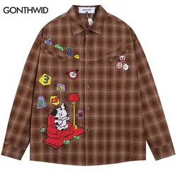 Vintage Plaid Shirt Y2K Embroidered Cartoon Long Sleeve Cotton Shirts Streetwear Men Hip Hop Harajuku Loose Casual Blouse Tops