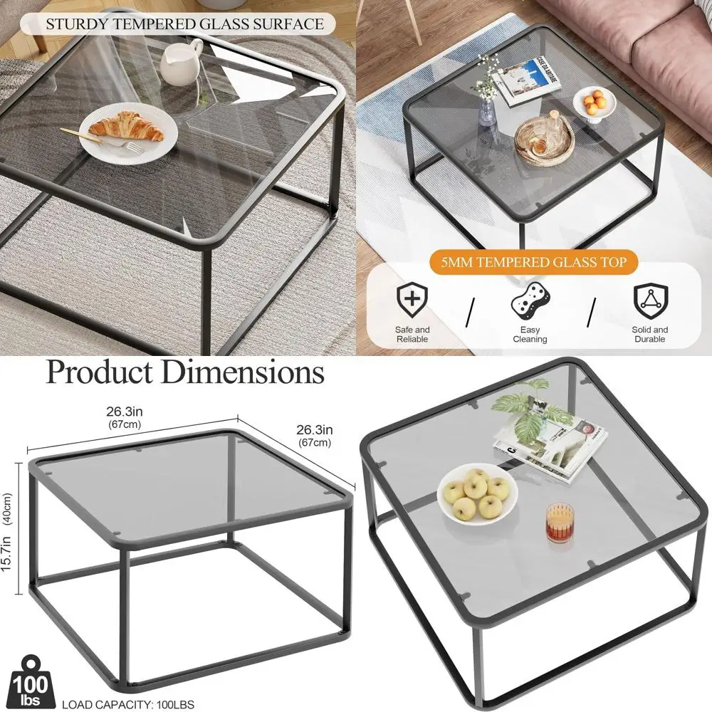 

Minimalist Glass Coffee Table, Modern Square for Living Room, Office, or Small Spaces, Metal Frame, Easy Assembly, 26.4x26.4x15.