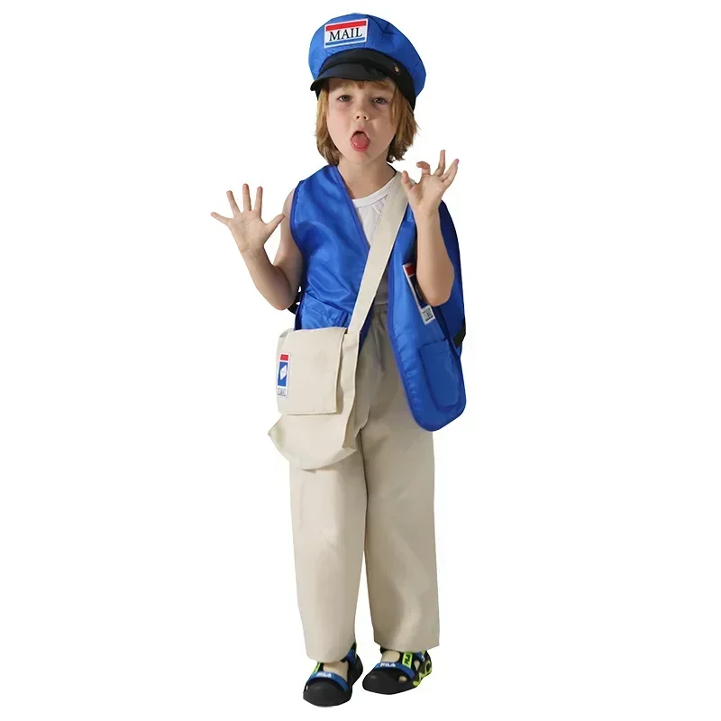 SN66 Courier Children Mr. Postman Costume Boy's Blue America Mailman Costume for Kids Mail Carrier UniformW&C@