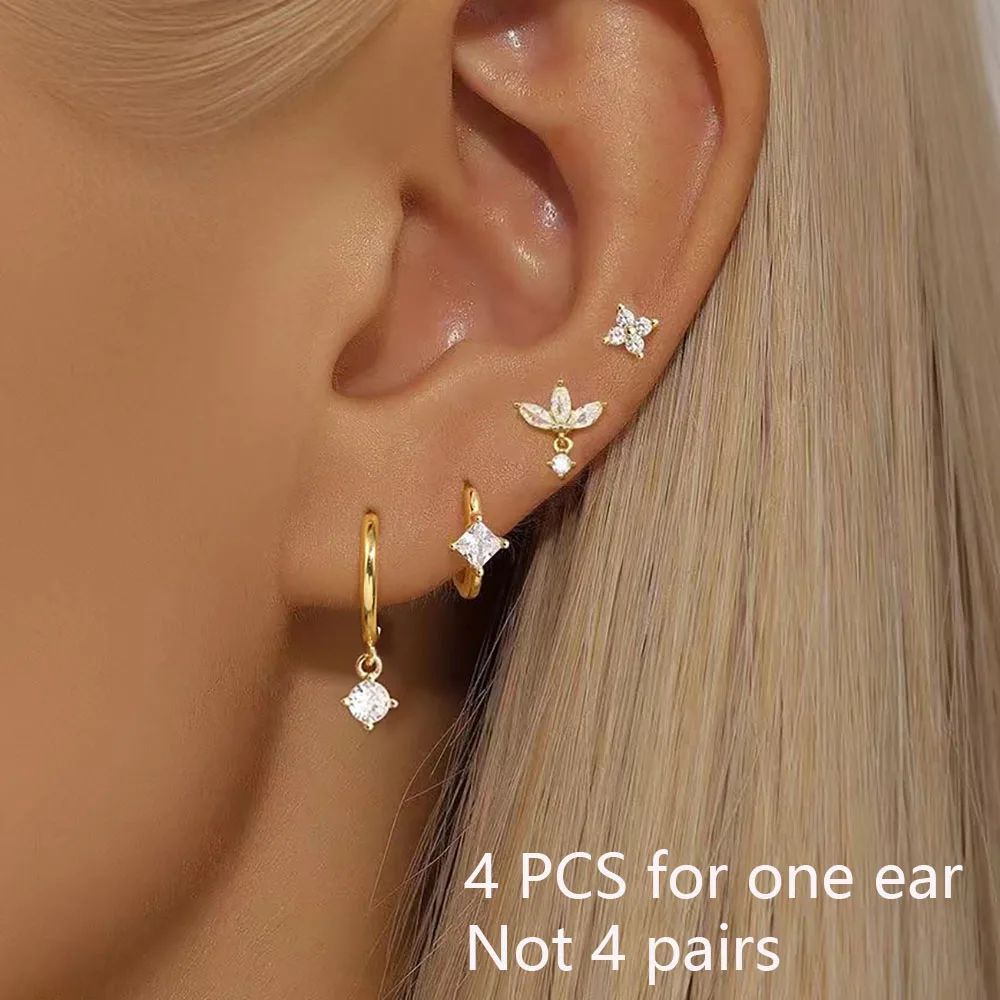 4PCS Mode Anhänger Raute Zirkon Ohrringe Set für Frauen 14K Gold Überzogene Hängende Baumeln Piercing Ohrringe Schmuck