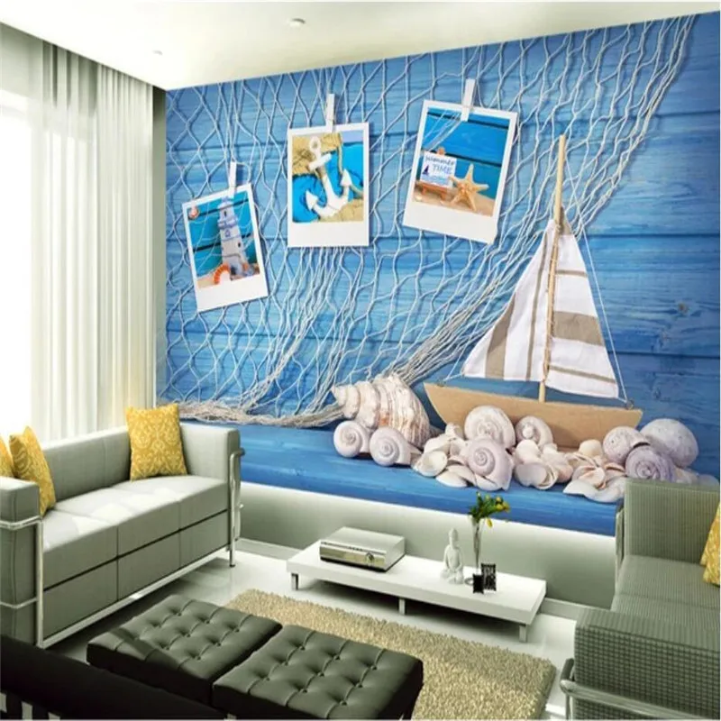 

Custom Mediterranean Style Fishing Net Fishing Boat Shell Blue Wood Plank Background Mural Wallpaper 3D Wall Papers Home Decor