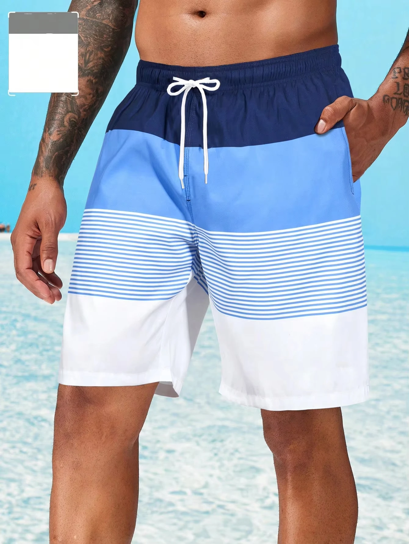 

2025 Men's Striped Printed Drawstring Wide Leg Beach Shorts, Loose And Quick Drying Sports Pants, Beach Vacation Swimming Shorts