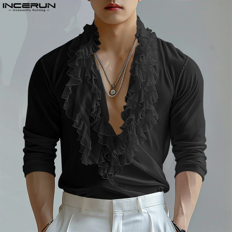 INCERUN New Men\'s Personality Tops 2024 Solid Color Ruffled Edge Shirt Handsome Male Hot Sale All-match Long Sleeved Blouse 2024