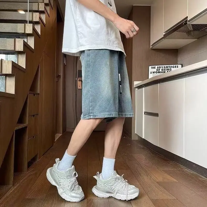 巾着ハーフマンデニムショーツだぶだぶストレートショートジーンズパンツ男性のための夏のストレッチトレンド 2025 韓国ファッション Xl ストリート
