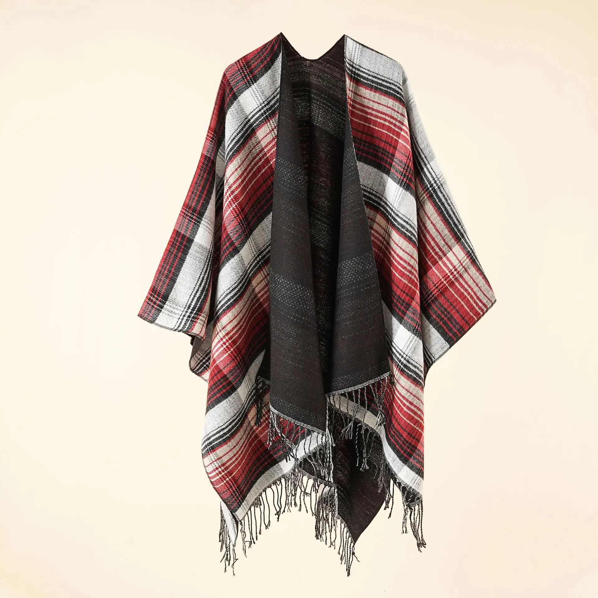 2022 Autumn Winter New Color Grid Pattern Imitation Cashmere Warm Casual Women Tassels Shawl  Poncho Capes Lady Coat Red