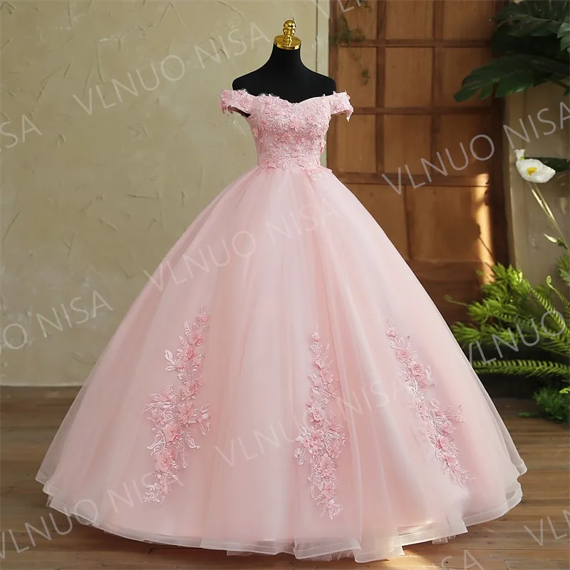 

New Pink Quinceanera Dresses Sleeveless Off Shulder Party Dress Sweet Flower Ball Gown Luxury Lace Prom Dress Customize Vestido