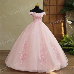 New Pink Quinceanera Dresses Sleeveless Off Shulder Party Dress Sweet Flower Ball Gown Luxury Lace Prom Dress Customize Vestido