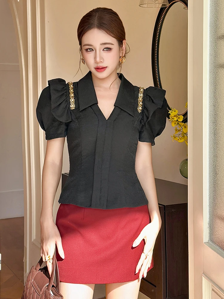 

Женская уличная одежда, черная рубашка с рюшами и пышными рукавами, элегантная женская рубашка с коротким рукавом, тонкие топы, повседневная блузка с лацканами, модная летняя блузка