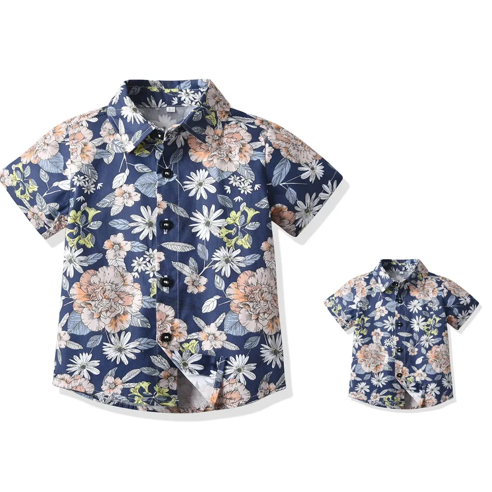 Boy Hawaiian Flower Shirt  Lapel Short Sleeve Father Kid Shredded Casual Cardigan Parent Child Clothe Button Summer Beach Blouse