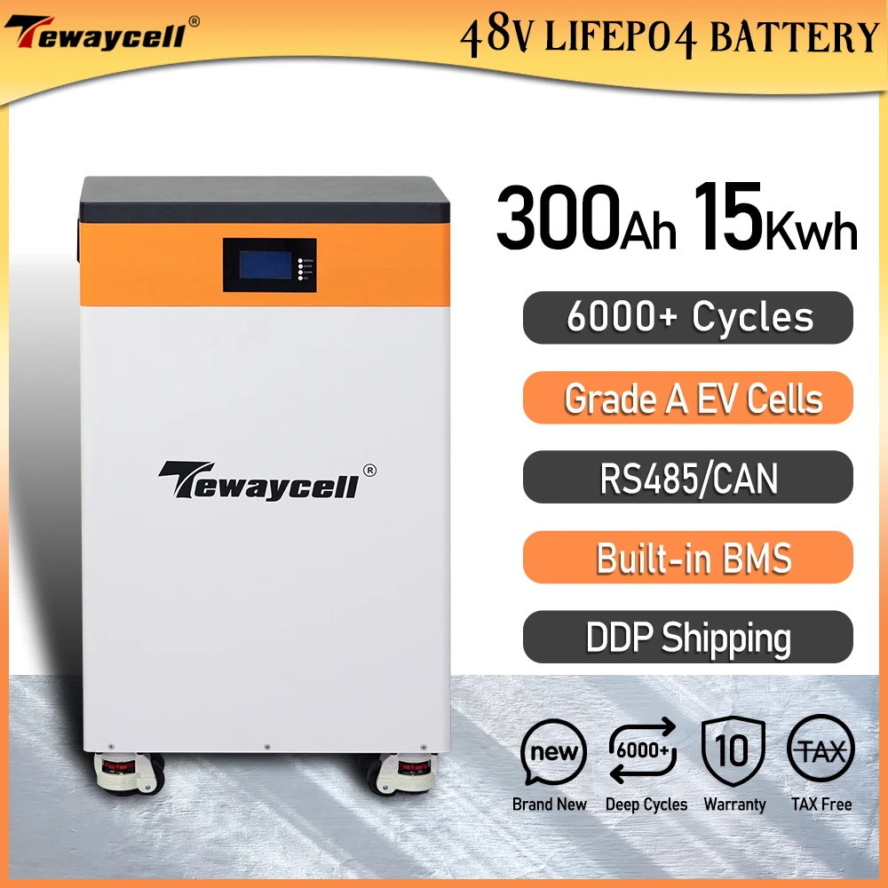 

Tewaycell New Upgrade 15KWh 51.2V 300Ah LiFePO4 Battery 48V Powerwall With Balancer For Home Solar System EU US NO TAX