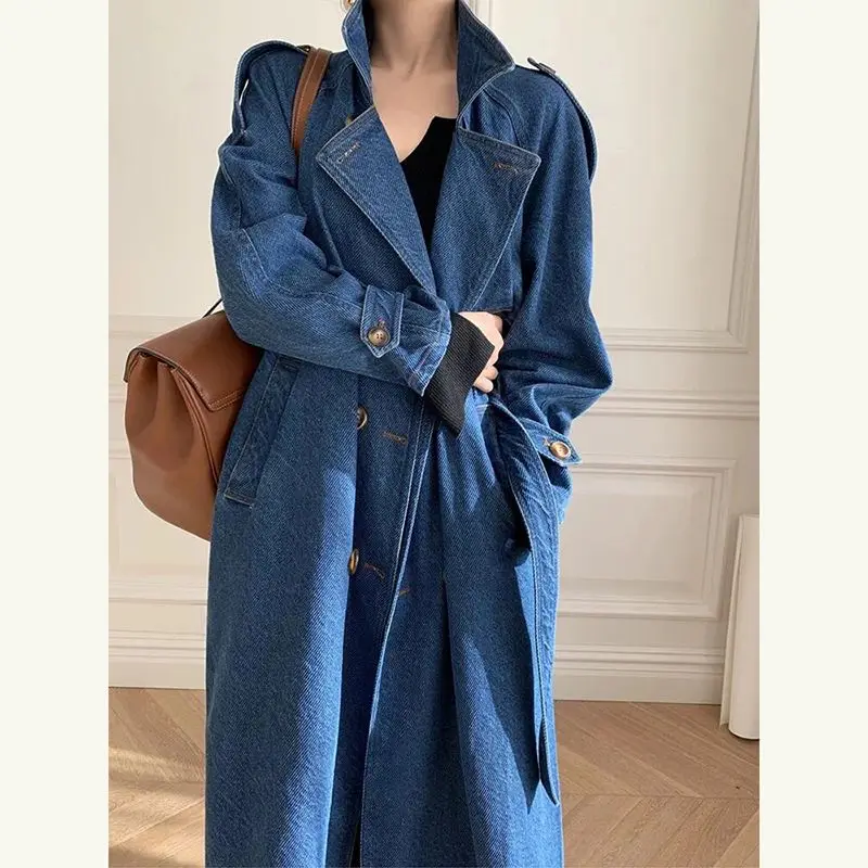 

Retro British Style Denim Trench Coat For Women's Spring And Autumn New Fashion Mid Length Over The Knee Coat