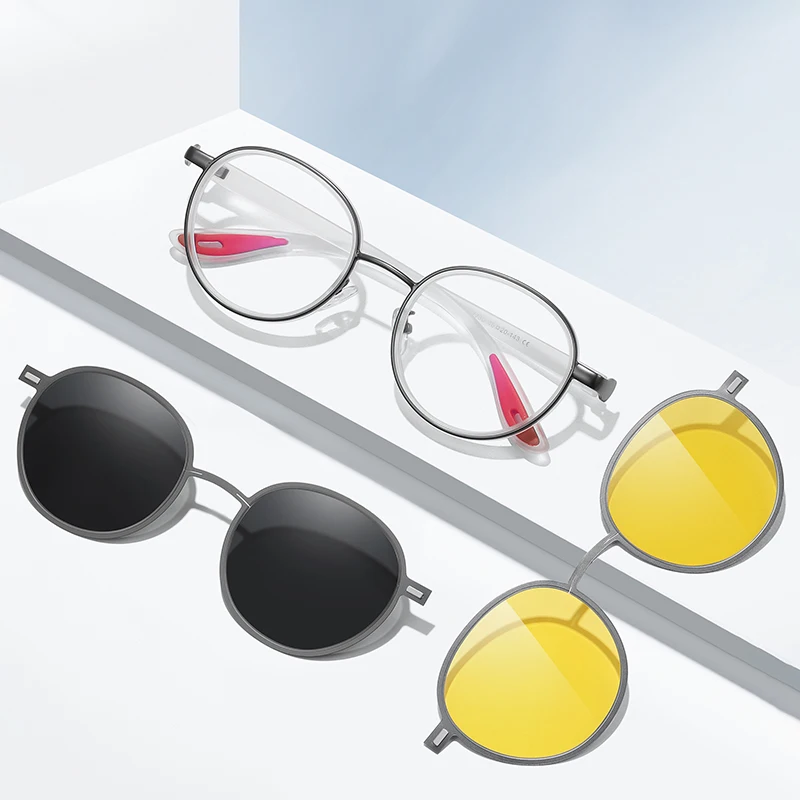 Monture de lunettes ronde en alliage 3 en 1 pour femmes avec clip polarisé et vision nocturne, lunettes unisexes pour la conduite et les activités de plein air