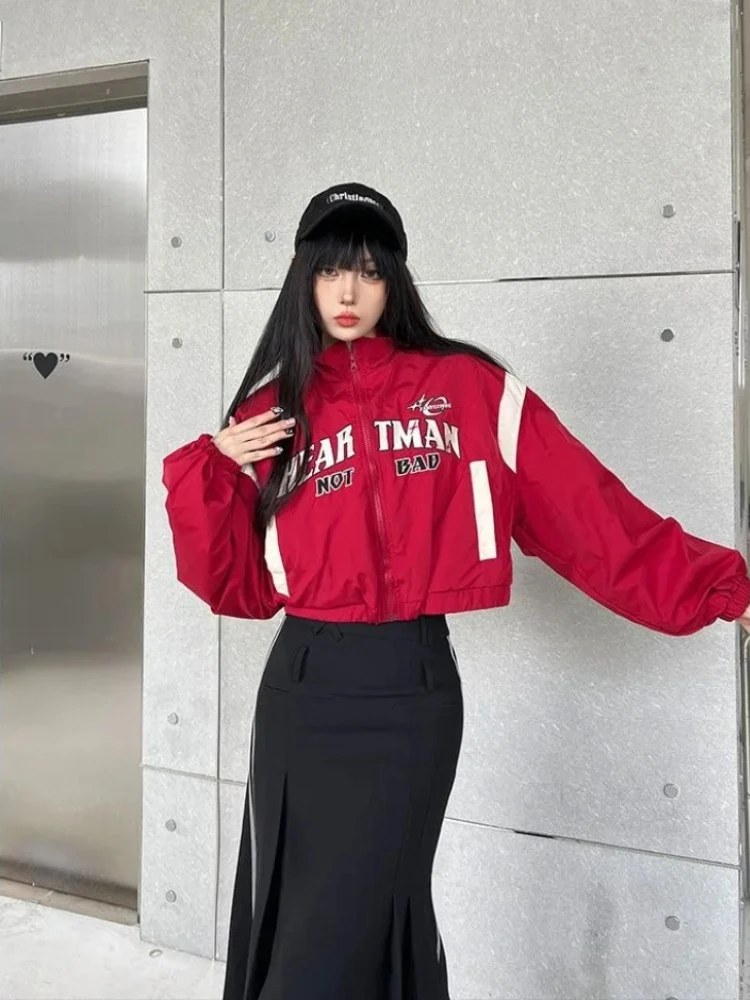 QWEEK American Vintage Retro Letter Embroidery Oversize Jackets Women 2024 Fashion Korean Kpop Streetwear Coats