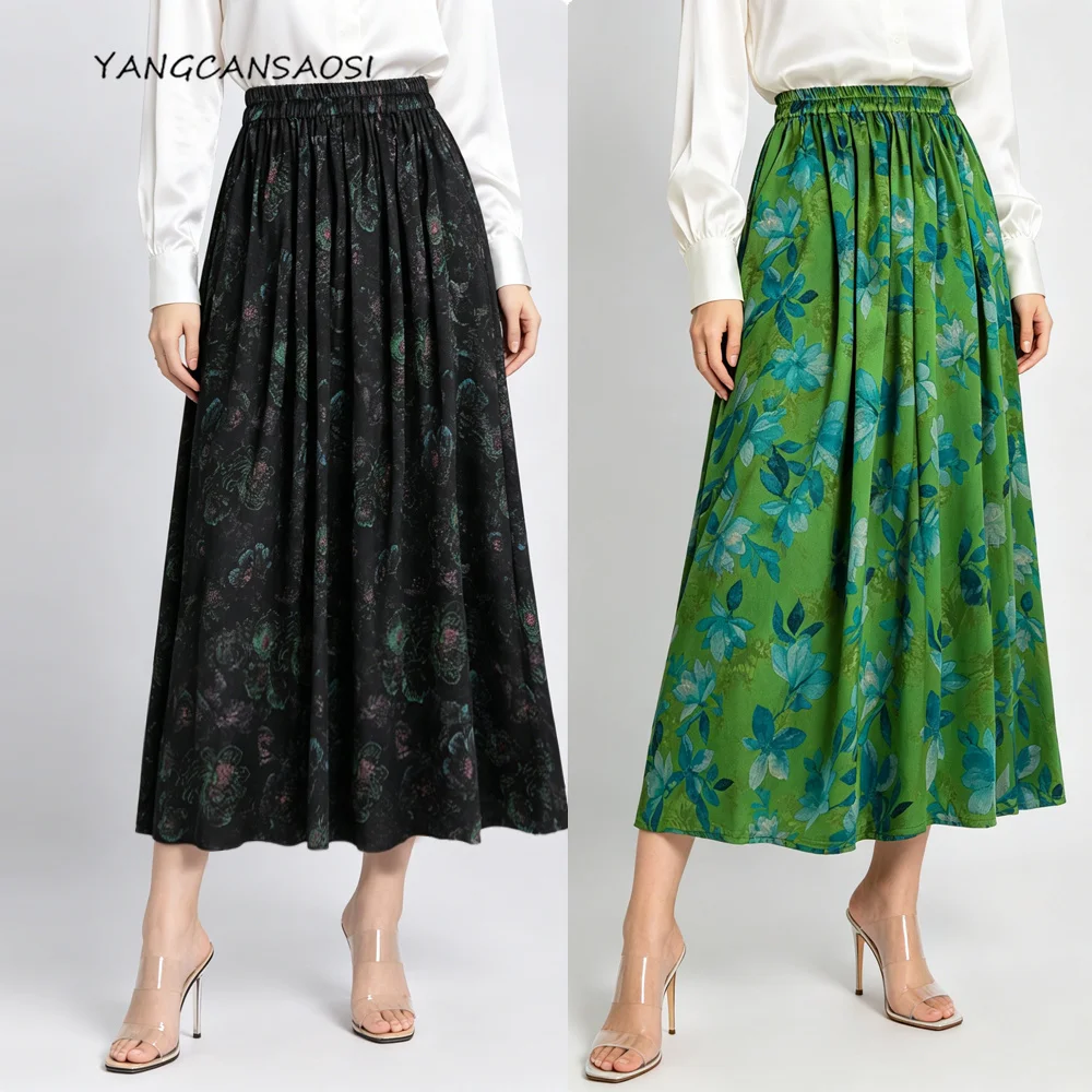 Women's Fashion Clothing 100%Natural Mulberry Silk Fragrant Cloud Yarn Jacquard Satin Breathable Elastic Waist Large Swing Skirt