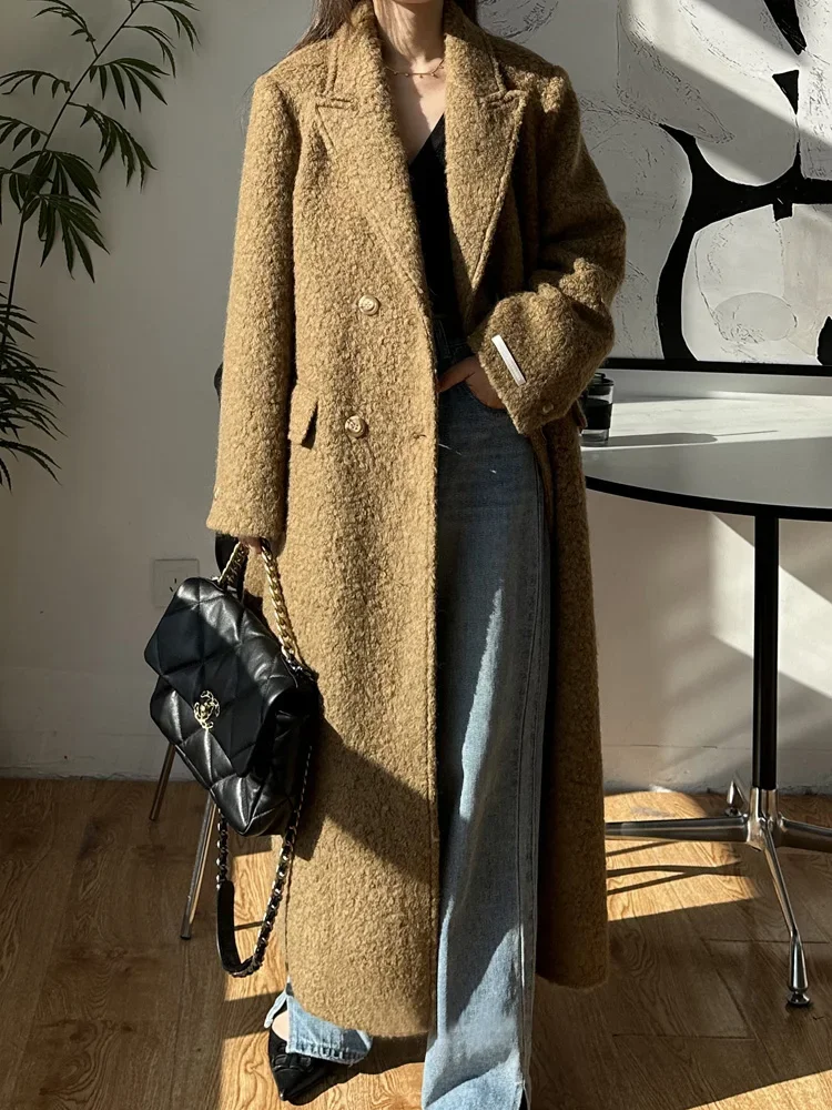 High-end Mohair Thick Wool Cashmere Circle Fur Coat Lengthen Women Loose Fashion Lapel Double Breasted Woolen Coat Autumn Winter