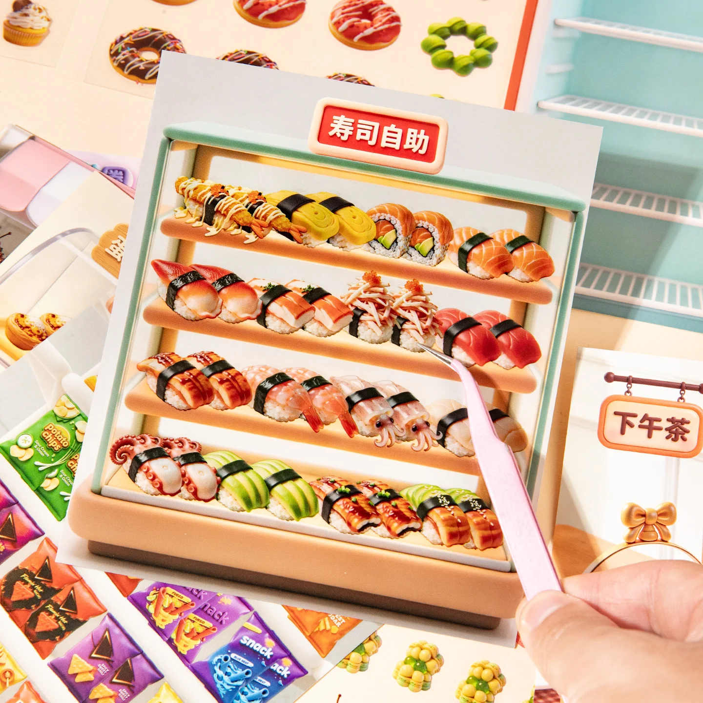 Kawaii Gourmet feast 3D Kitchen food Landscape Sticker book DIY Pocket Cabin Scene festival gift