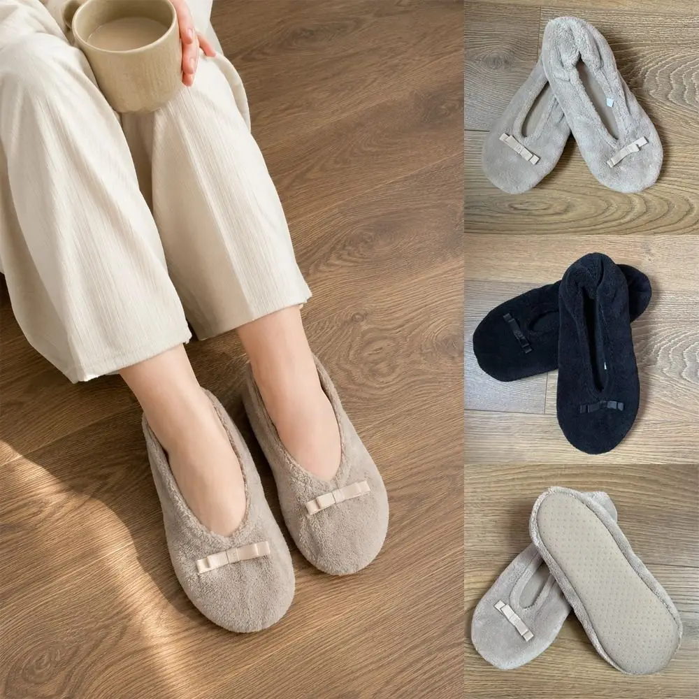Closed Back Women House Slippers Non-Slip Rubber Sole Bow Decor Ballet Flat Slippers Soft Washable Indoor Floor Shoes For Women